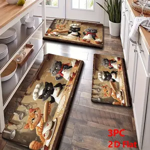 2pcs/3pcs Flannel Kitchen Mat Set, Cute Cat Chef Theme, Retro Industrial Style, Non-Slip, Absorbent, Home Decor