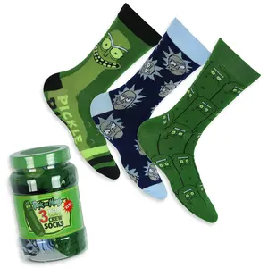 Rick and Morty Men's Pickle Rick 3 Pair Casual Crew Socks in Jar Container Fits Shoe Size 6-12