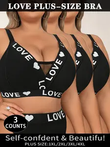 3pcs New Arrival Plus Size Bra for Women, Wireless Fit Comfy Lingerie, Aesthetic Letter Print Bralette, Curvy Girl Essentials Underwear