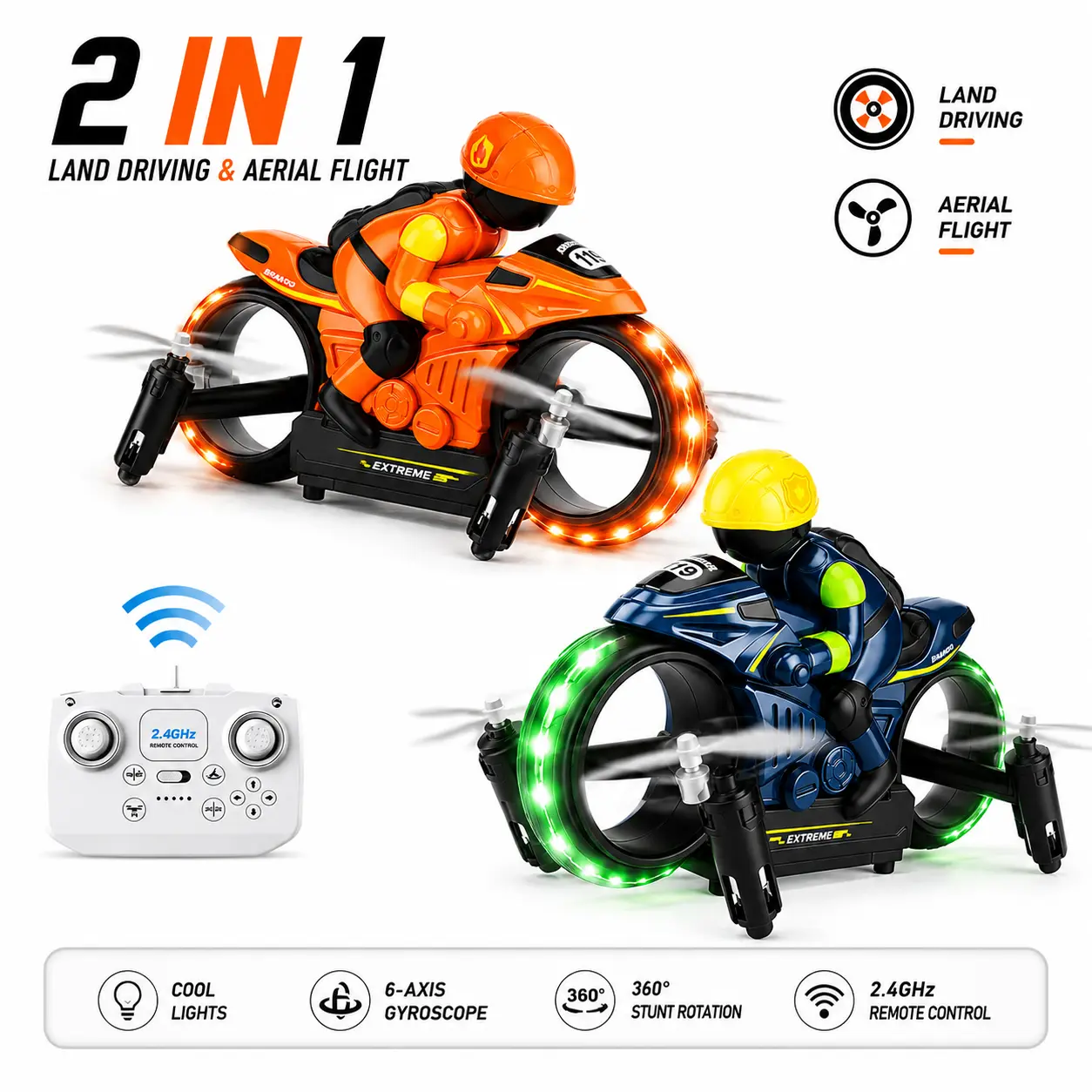 2 in 1 Flying Motorcycle RC Drone with 360° Stunt Flip & LED Lights, Dual Mode Land Driving and Aerial Flight, Altitude Hold, Easy for Beginners, Cool Toy Gift for Kids