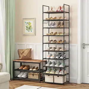 10 Tiers Standing Shoes Boots Cabinet Storage Shelf with Hooks