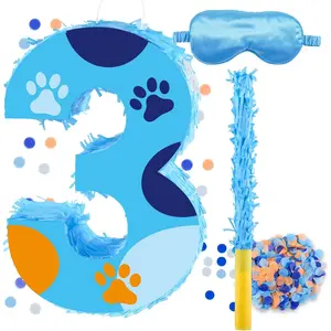 16 Inch Number 3 Dog Paw Pinata with 16 Inch Piñata Stick Blindfold Confetti for Boy Girl Kids 3rd Birthday Party Decorations