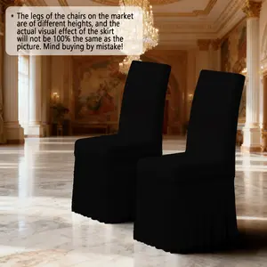 2D Flat Polyester Floor Dining Chair Cover (with skirt). Simple and versatile design in solid color, black elastic skirt chair cover. Suitable for family dining rooms / hotels / venues / holiday gatherings. Easy to install and washable.