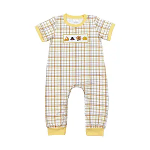 SR1869-Embroidered boy's Turkey pumpkin orange yellow checked short-sleeved onesie