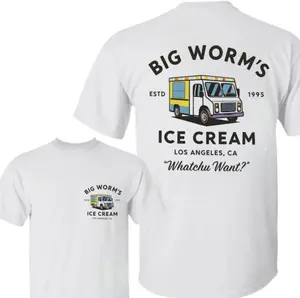 Big Worm's Ice Cream Tshirt – Soft Cotton Graphic Tee with Retro Ice Cream Truck Print, Los Angeles Street Style for Men, Funny Summer Shirt Gift with Urban Quote Detail.