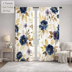 2 Pcs Elegant Floral Pattern Blue Peony Golden Leaves Sun Blocking Curtains Digital Printed Rod Pocket for Bedroom Office Kitchen Living Room Study Home Decor