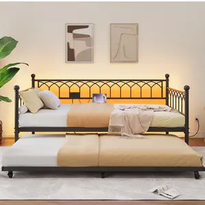 Metal Sofa Bed Frame with Trundle, Twin Daybed Design, Integrated LED Lights and Charging Ports, Space Saving Furniture for Various Indoor Living Areas