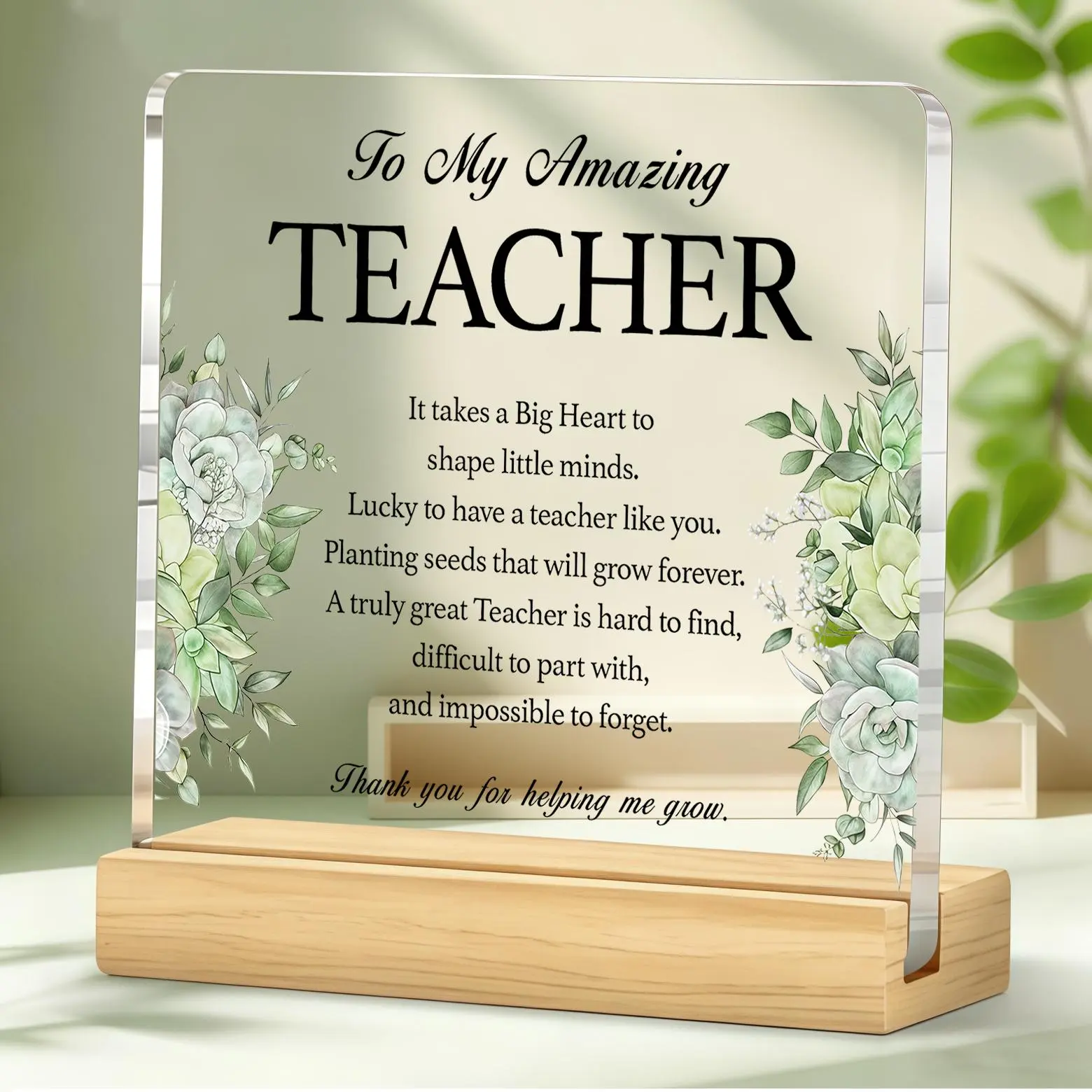 Square Acrylic Desk Plaque with Wooden Stand, Amazing Teacher Watercolor Succulent Greenery Floral Quote Table Sign, Sentimental Appreciation Gift for Teacher for Christmas Thanksgiving Birthday Teacher Appreciation Week