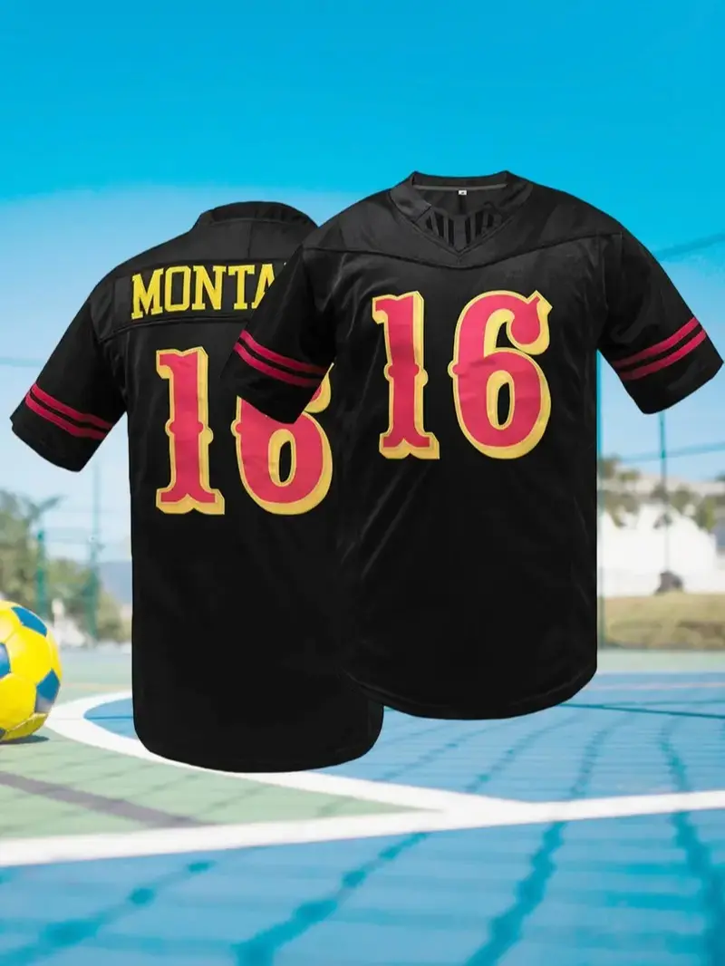Men's Retro Football Jersey #16, Embroidered V Neck Mesh Shirt, Breathable Loose Fit Athletic Top, Short Sleeve Game Day Tee