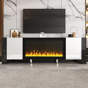 [Bellemave] Modern TV Stand with 34.2" Non-heating Electric Fireplace, High Gloss Entertainment Center with 2 Cabinets, Media Console for TVs up to 78", White