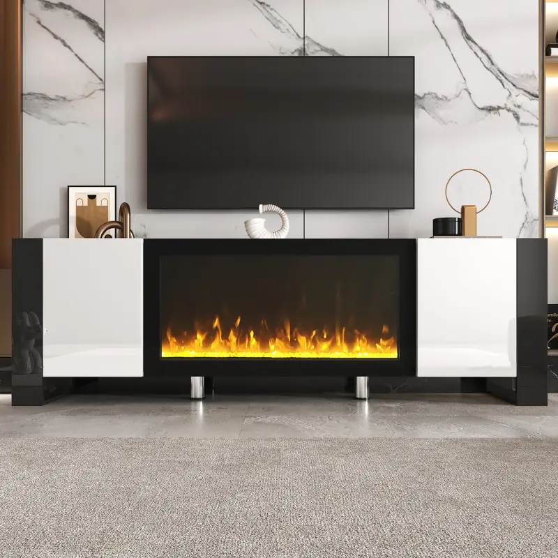 [Bellemave] Modern TV Stand with 34.2" Non-heating Electric Fireplace, High Gloss Entertainment Center with 2 Cabinets, Media Console for TVs up to 78", White