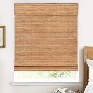 Cordless Bamboo Roman Shades for Windows, 100% Blackout Backing Fabric for Light Blocking, 21" W × 64" H - Papara Carbon