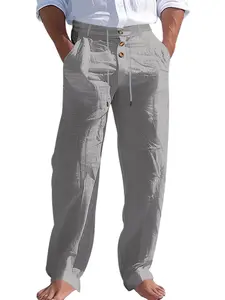 Men's Linen Pants with Button Decoration, Drawstring Summer Beach Pants, Straight Leg Solid Color Comfortable Breathable Long Pants, Casual Minimalist Trousers
