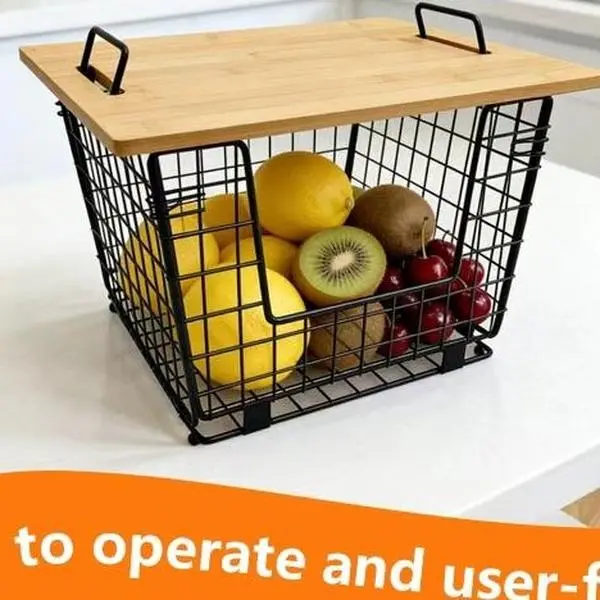U-Shaped Wire Kitchen Countertop Organiser - Stackable, Collapsible Fruit Basket with Bamboo Lid for Storing Onions, Fruits, Vegetables