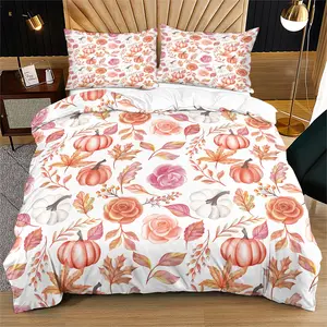 Autumn Pumpkin Maple Leaf Print Bedding Set, Soft Durable Sheet Set, Includes Pillowcases, Modern Style Bedroom Decor