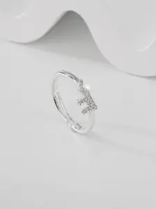 S925 Silver Letter M Zircon Open Ring, Hypoallergenic Adjustable Design, Elegant Rhinestone Accent, Perfect for Daily Wear & Gifts