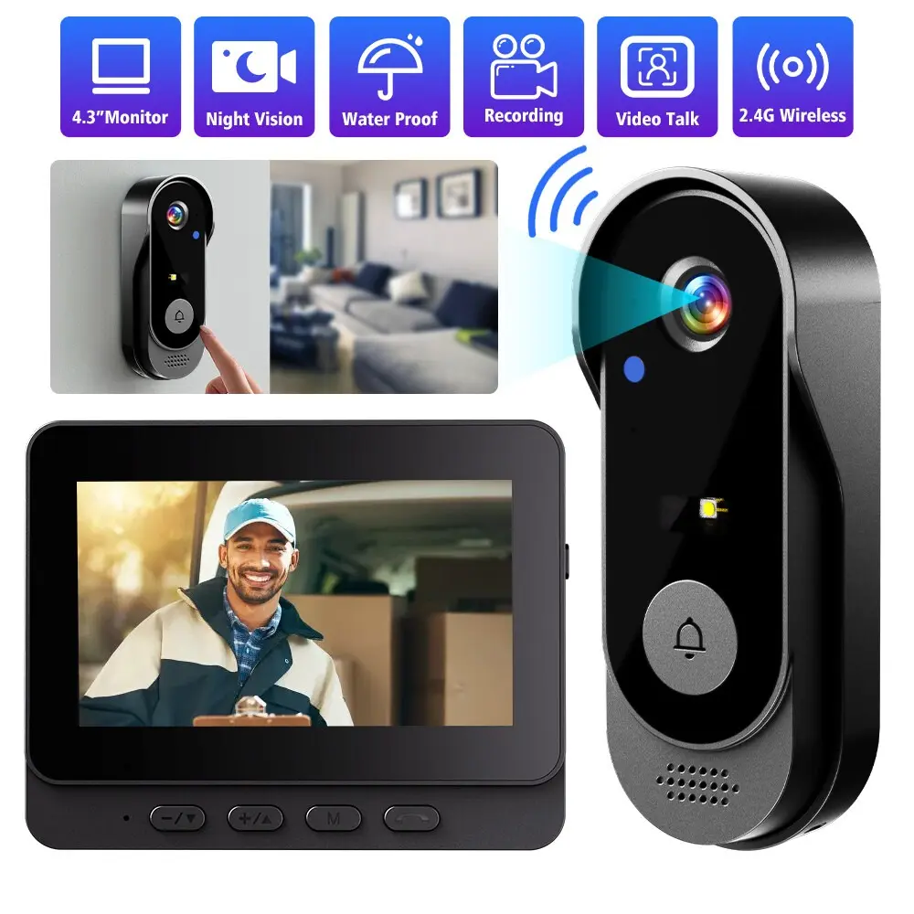 Wireless Video Doorbell with 4.3 Inch Color Screen, Night Vision, Waterproof Design, Long Battery Life, Supports Video Call & Two-Way Audio, Smart Video Doorbell, Wifi Smart Doorbell, Home Security Doorbell