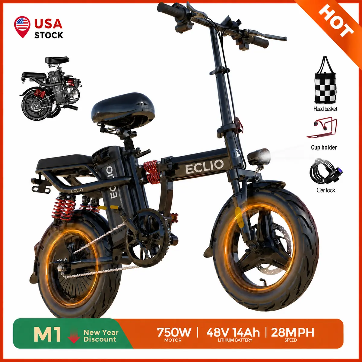 Eclio M1 Anti-theft Folding Budget Electric Bike, 48V 14Ah Removable Battery, 750W Peak Motor, 50-70 Miles Range, 28MPH Top Speed, 11 Spring Shock Absorbers, 14-Inch Tires, UL Certified Commuting E-Bike for All Ages, 12 Months Customer Support