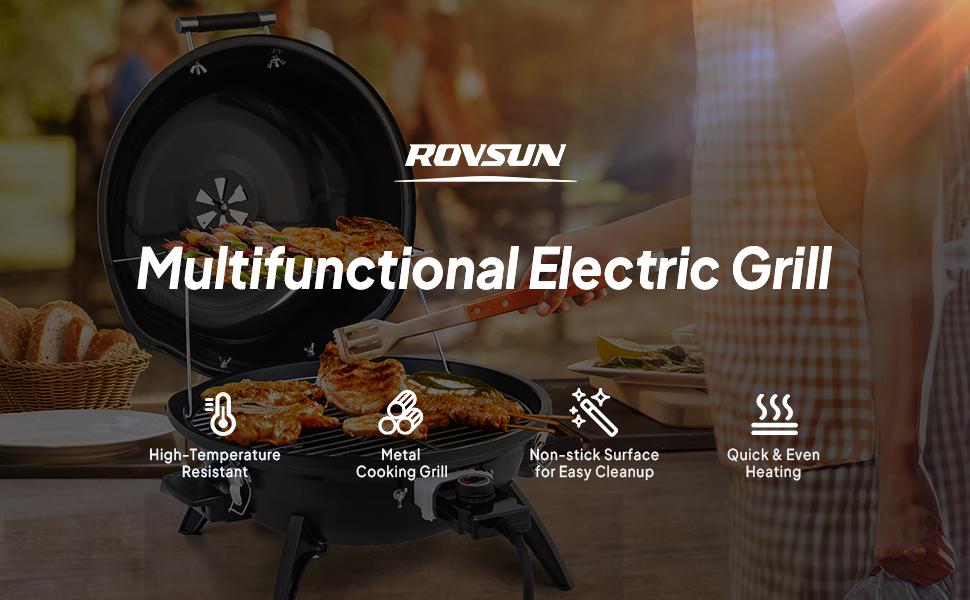 ROVSUN 1600W Tabletop Electric Grill with Temperature Control, Black 304 Stainless Steel Grill w/Double Layer Design, Portable & Removable, Small Stove for Indoor and Outdoor Use