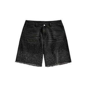 Rhinestone Jean Shorts Straight Leg Jorts Denim Shorts with Pockets