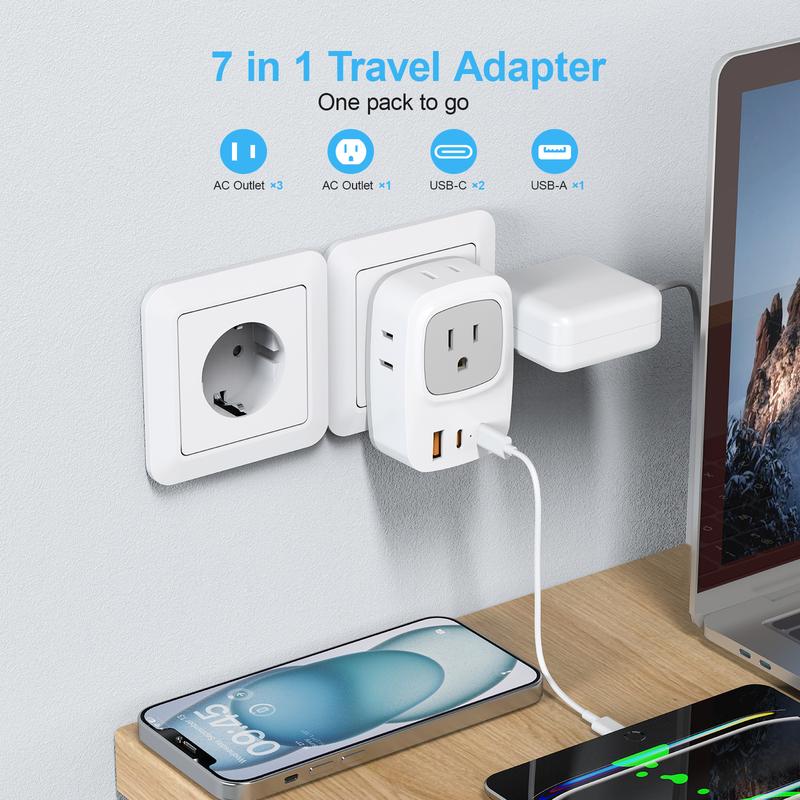 Germany France Power Adapter with 2 USB C, 4 AC Outlets. EU Plug Adapter for US to Europe, Korea, Iceland, Greece, Spain.