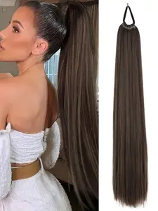 Ponytail Extension Yaki Straight Ponytail Extension With Versatile Elastic Bands 24inch Synthetic Pony tail Extension Warp Around Pony Tail Ponytail Hairpiece Straight Hair Extensions for Women