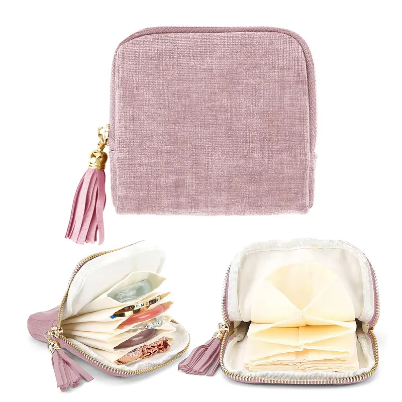 BMTWE Tassel-Gold Accent Suede Jewelry Organiser - Portable Dustproof Accessories Box with Secure Gold Zipper, Separated Coin Compartment, Beauty Purse Stuffer for Rings, Bracelets (Anniversary, Corporate Gift, Free Shipping)