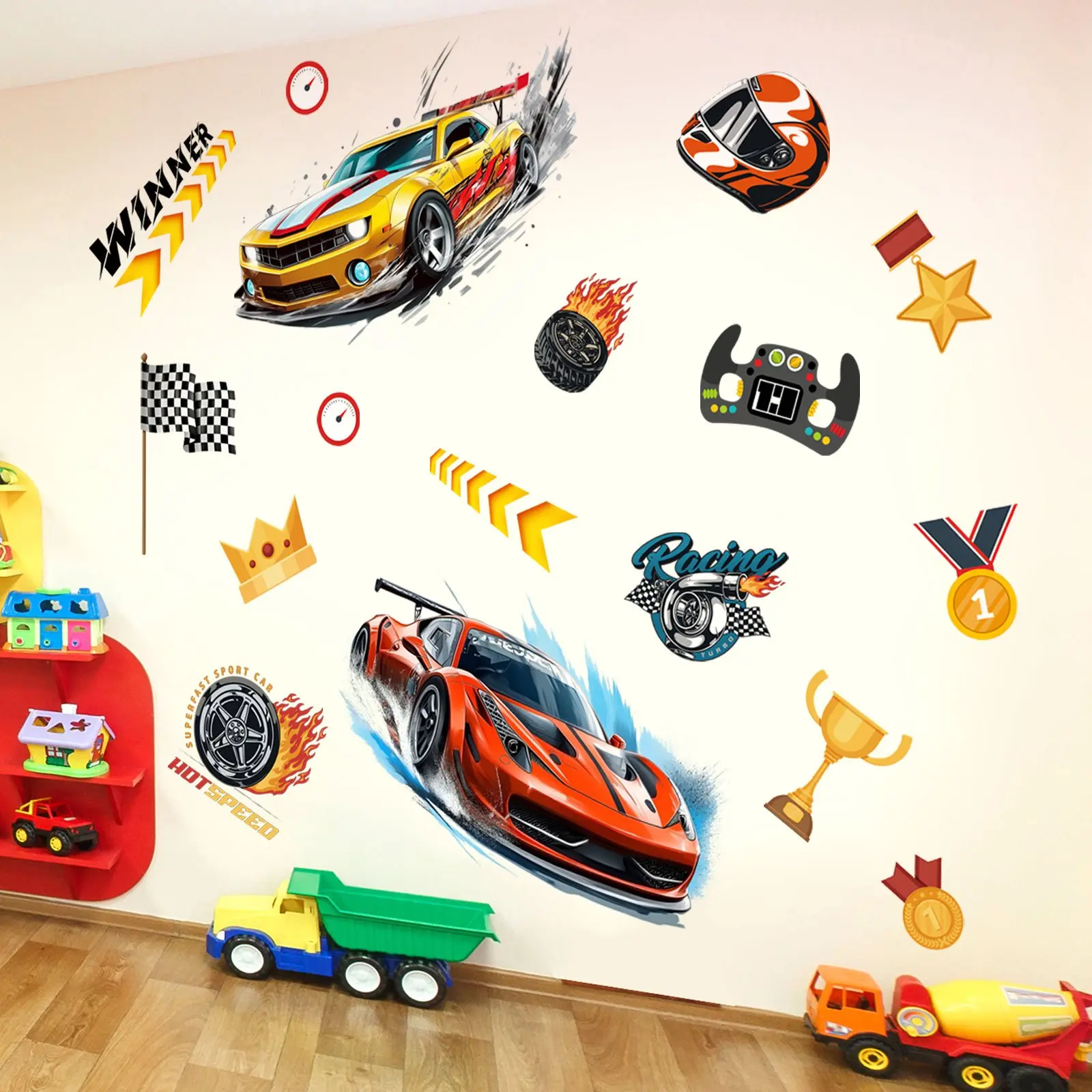 2Pcs/Set (3090cm2pcs) Dynamic Racing Car Wall Stickers, Decorative Wall Sticker, Cool Sports Car Decor for Boys Room, Self-Adhesive Decals, Wall Stickers Decorations