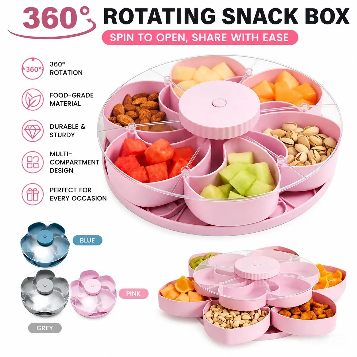Stackable Snack Box Container with Lid, Rotating Round Vegetarian Tray, Durable Material, Portable Fruit Candy Storage, Snack Containers, Food Storage Containers for Kitchen, Party, Travel, Picnic