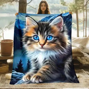 1pc Blue-Eyed Calico Blanket - Lightweight All-Season Soft Warmth, Realistic Tabby Design With Expressive Eyes & Fluffy Fur Texture - Cozy Throw Sofa, Bed, Camping, Office - Hand/Washable, Birthday Mother's Day Size 70x140cm/27. 56x55. 12 In