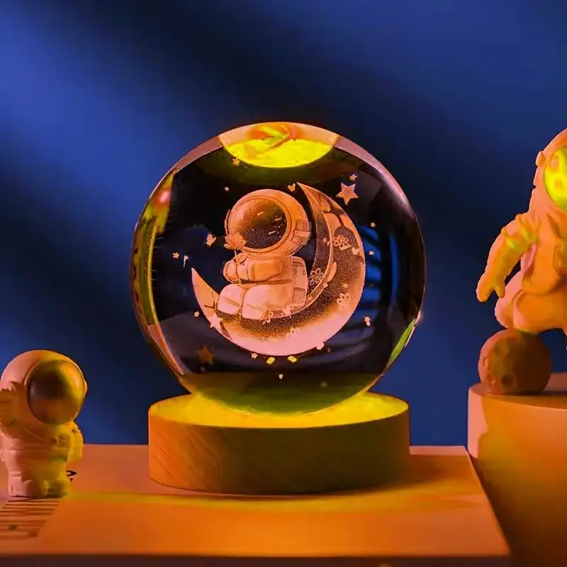 Astronaut & Moon Design LED Night Light, Ambient Lighting, USB Powered 3D Laser Carved Artificial Crystal Ball Night Light, Decorative Colorful LED Li