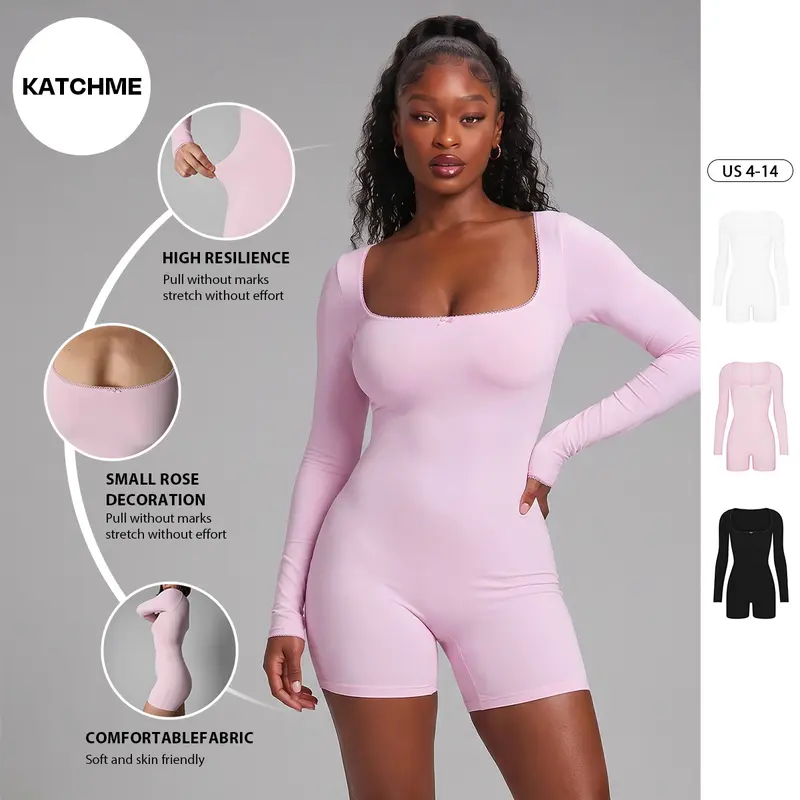 KatchMe Women's Workout Solid Color Lace Square Neck Long Sleeve Seamless Playsuit, Athletic Lightweight Stretch Shapewear, Breathable Womenswear