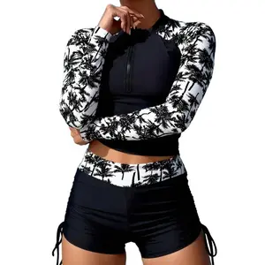 Long Sleeve Zipper Rash Guard Tankini Swimsuit Black White Palm Tree Print Contrast Sleeves Black Drawstring Shorts Modest Coverage for Beach Pool Vacation ms.slip2piece
