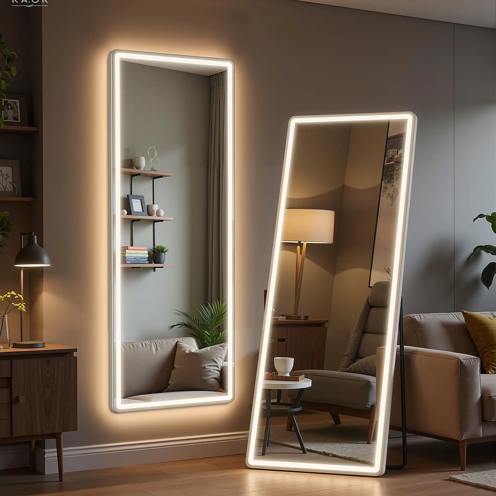 26*71Inches Floor Mirror Stand Mirror Full Length, With LED Lights and No LED Lights Two styles, LED Floor Mirror styles Dimming & 3 Color Lighting 26 * 71 inch Arched Full Length Mirror with LED Lights, Standing