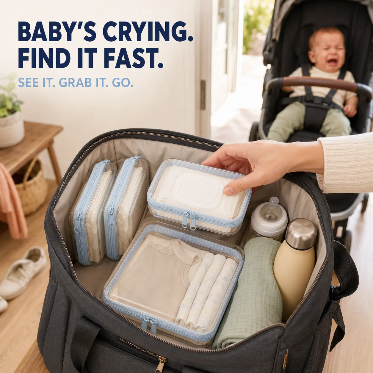 Clear Hard Zipper Case Set 4 Pcs, 3 Small + 1 Large Diaper Bag Organizer Pouches for Baby Wipes, Extra Clothes, Pacifiers, Feeding Items and Travel Essentials