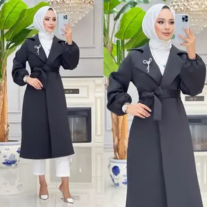 Long Modest Coat with Elegant Bow Detail and Belted Waist for Women