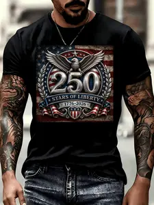 100% Unisex Patriotic Graphic T Shirt 250 Stars of Liberty American Bald Eagle Wings Shield Laurel Wreath Stripes Number 250 1776 2026 Anniversary Vintage Style Short Sleeve Top