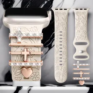 Digi Charm Rose Carved Soft Silicone Band for Apple Watch 38–42mm – Dressy Floral Strap with Pendant, Cute Engraved Wristband for iWatch Women Girls