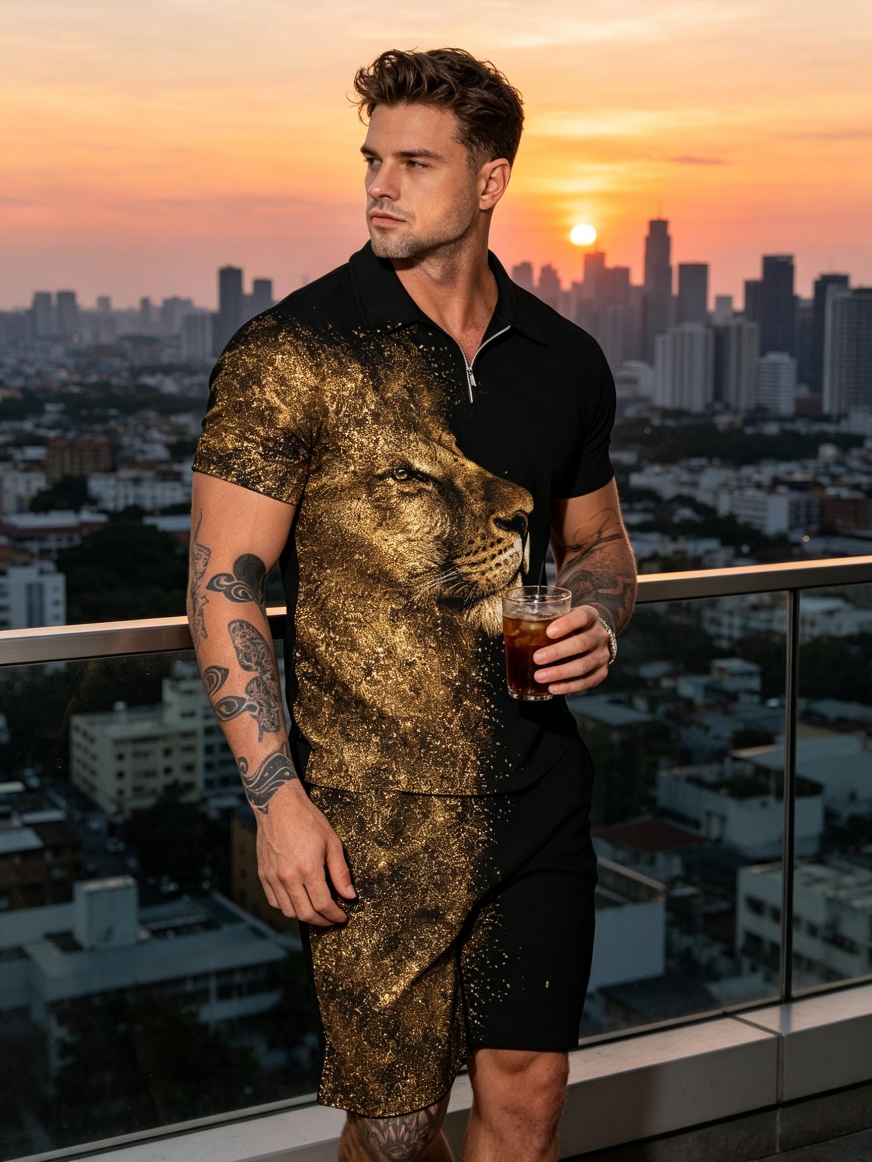 Men's 2-Piece Graphic Clothes Set - Stylish Animal Lion Print Short-Sleeve Polo & Shorts, Breathable Polyester, Fashion Streetwear Outfit for Birthday, Sizes M-3XL