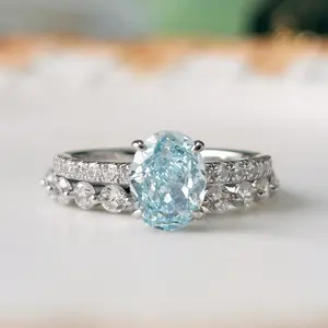 Shineofdiamond 2 Pcs Blue Oval Cut Sterling Silver Bridal Set jewelry gift weddingset colored  gemstones