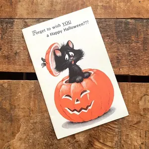 1 pc No envelope Vintage Halloween Card - Unused - Greeting Card, Paper Ephemera, Junk Journal, Juvenile, Children's Card, Black Cat, Pumpkin, Old Rousana