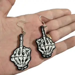 Skeleton Middle Finger Earrings - Black Metallic Design with Simple Hanging Style