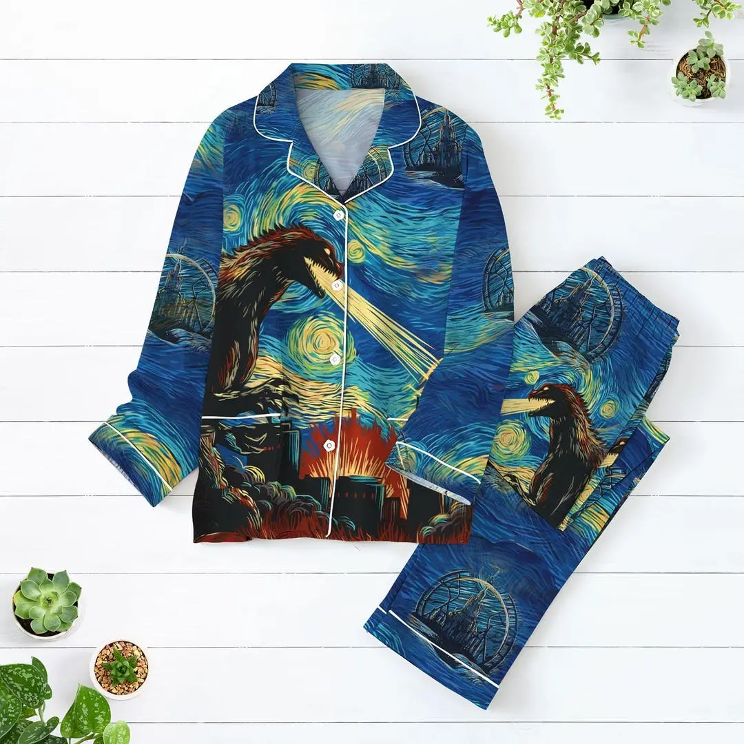 Godzilla Pajamas Set, Dinosaur Midnight Pajamas, King of Monsters Long Sleeve Pajamas, Godzilla Lover Gift, Dadzilla Sleepwear For Men