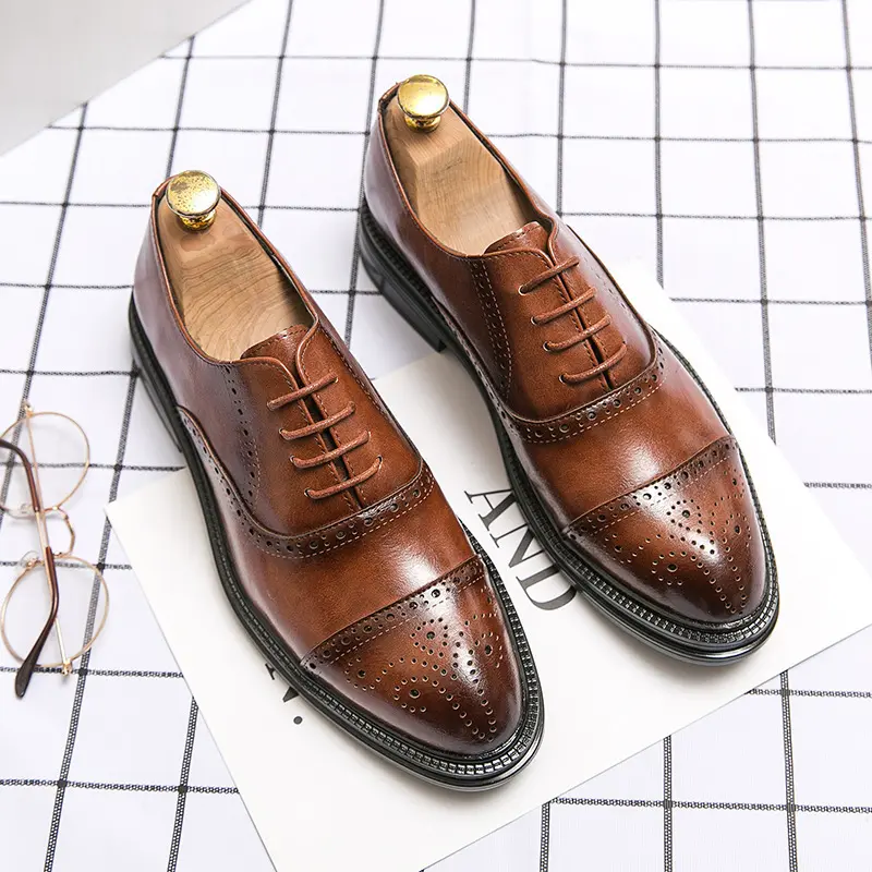 Brand GGOR Men's Black PU Lace Up Pointed Toe British Casual Business Formal Shoes 2026 Wedding Groom Work Barber Breathable Lightweight Comfortable Loafers