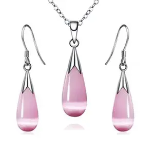 Emma Manor 14k White Gold Plated Water Drop Moonstone Women Jewelry Set (Pendant Necklace + Earrings)