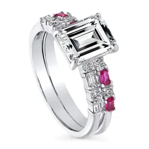BERRICLE Sterling Silver Solitaire Art Deco Engagement Rings Stackable Band for Women, 2.1 Carat Emerald Cut Cubic Zirconia CZ Ring Set
