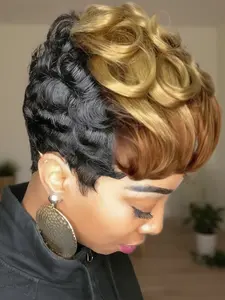 Short Pixie Wigs for Women, Wavy Synthetic Short Hair Wig with Bangs, Curly Pixie Wig for All Seasons