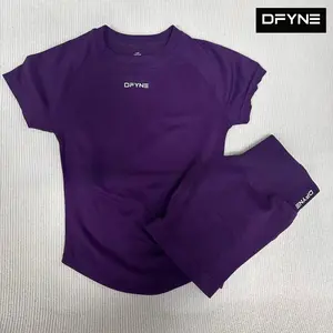 DFYNE Seamless Workout Set for Women Short Sleeve Gym Top & High Waist Shorts Activewear Outfit