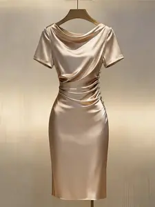 Champagne Satin Dress, Elegant A-Line Midi Dress, Short Sleeves, Solid Color, Gold Button Detail, Summer Evening Party Wear