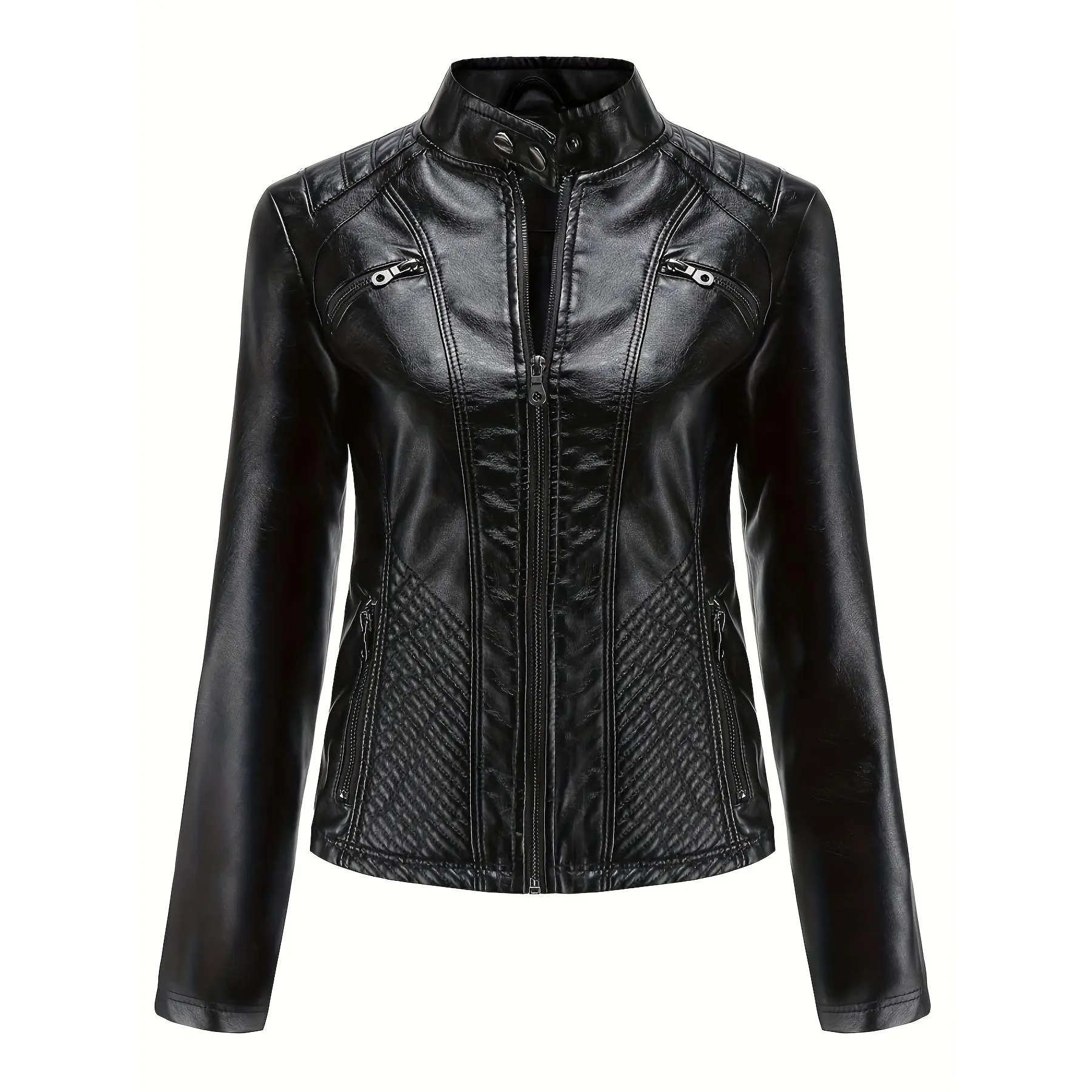 Women's Solid Faux Leather Biker Jacket - Slim Fit Minimalist Outerwear with a Standing Collar, a Work-Ready Style for Autumn, Fabric campingessentials, Dry Clean, Plain, Chic, Woven, 100% Polyester Women's Real & Faux Leather Jackets